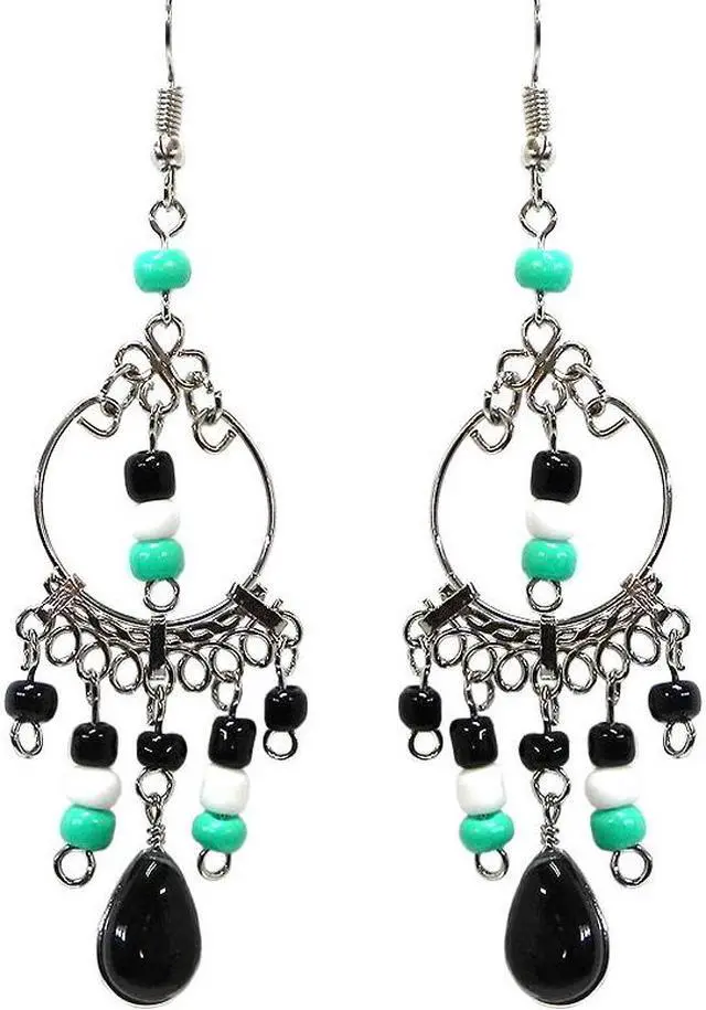 Main image of Round Silver Metal Hoop Teardrop Shaped Cat's Eye Glass Bead Long Beaded Dangle Earrings - Womens Fashion Handmade Jewelry Boho Accessories