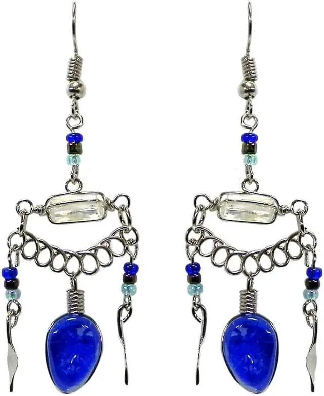 Main image of Horizontal Wire Wrapped Clear Quartz Crystal Teardrop Shaped Cat's Eye Glass Bead Metal Dangle Earrings - Womens Fashion Handmade Jewelry Boho Accessories