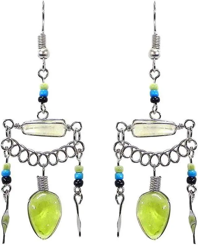 Main image of Horizontal Wire Wrapped Clear Quartz Crystal Teardrop Shaped Cat's Eye Glass Bead Metal Dangle Earrings - Womens Fashion Handmade Jewelry Boho Accessories