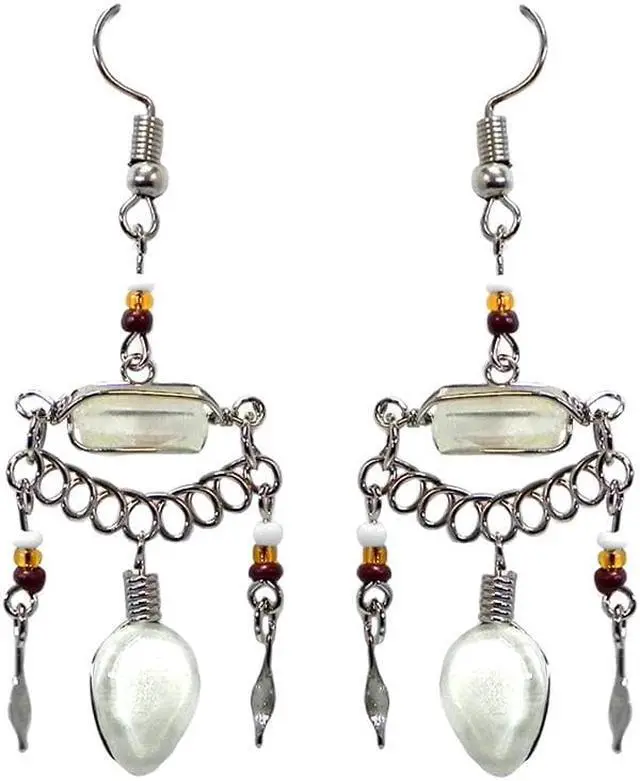 Main image of Horizontal Wire Wrapped Clear Quartz Crystal Teardrop Shaped Cat's Eye Glass Bead Metal Dangle Earrings - Womens Fashion Handmade Jewelry Boho Accessories