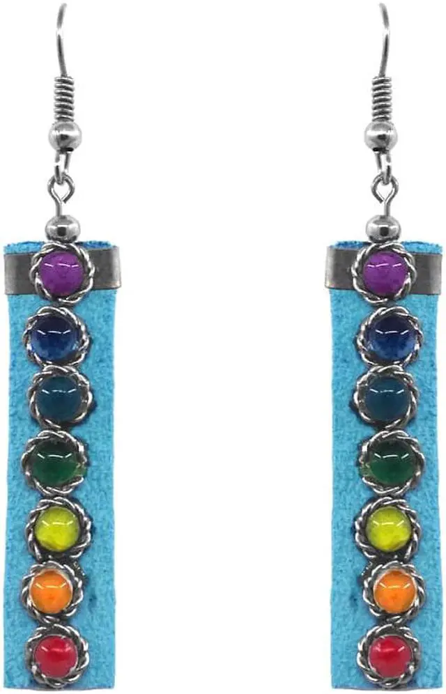 Main image of Chakra Rainbow Seed Beaded Rectangle Suede Material Drop Dangle Earrings - Womens Fashion Handmade Jewelry Boho Accessories