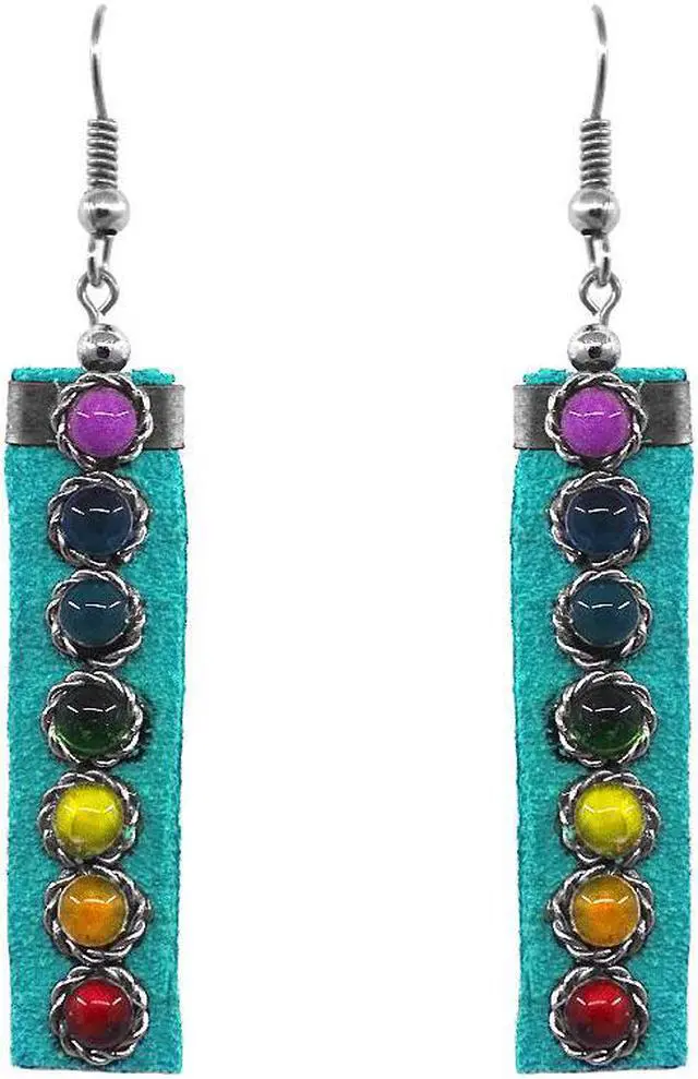 Main image of Chakra Rainbow Seed Beaded Rectangle Suede Material Drop Dangle Earrings - Womens Fashion Handmade Jewelry Boho Accessories