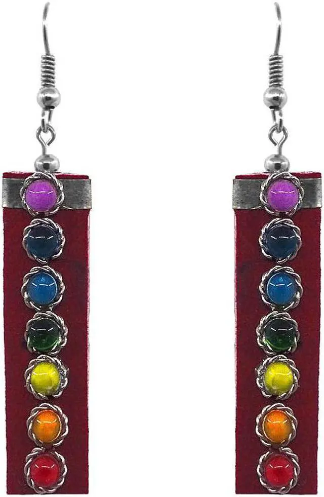 Main image of Chakra Rainbow Seed Beaded Rectangle Suede Material Drop Dangle Earrings - Womens Fashion Handmade Jewelry Boho Accessories