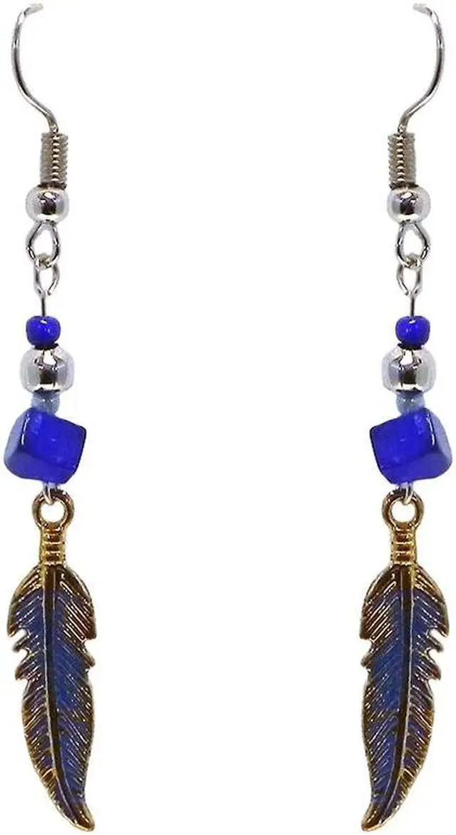 Main image of Colored Metal Feather Charm Chip Stone Drop Dangle Earrings - Womens Southwest Fashion Handmade Jewelry Boho Accessories