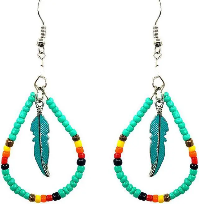 Main image of Native American Inspired Teardrop Shaped Seed Beaded Hoop Metal Feather Charm Dangle Earrings - Womens Fashion Handmade Jewelry Boho Accessories