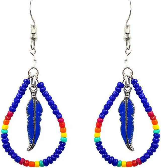 Main image of Native American Inspired Teardrop Shaped Seed Beaded Hoop Metal Feather Charm Dangle Earrings - Womens Fashion Handmade Jewelry Boho Accessories