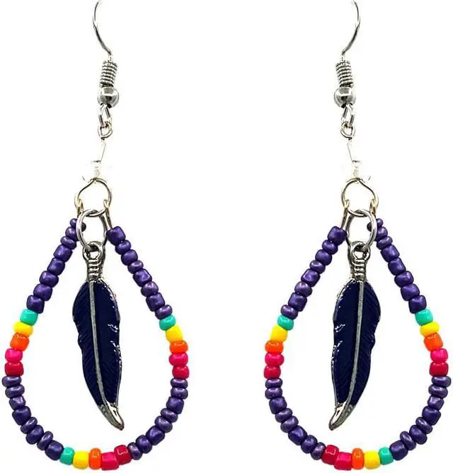 Main image of Native American Inspired Teardrop Shaped Seed Beaded Hoop Metal Feather Charm Dangle Earrings - Womens Fashion Handmade Jewelry Boho Accessories