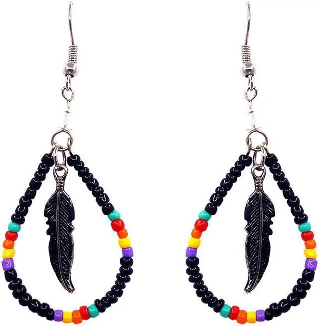 Main image of Native American Inspired Teardrop Shaped Seed Beaded Hoop Metal Feather Charm Dangle Earrings - Womens Fashion Handmade Jewelry Boho Accessories