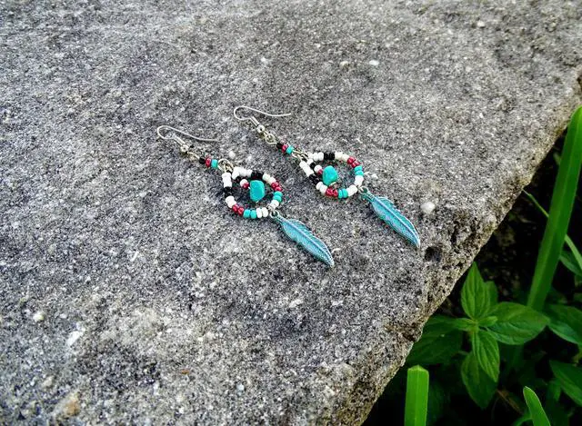 Alt view image 2 of 4 - Native American Inspired Teardrop Shaped Seed  Beaded Chip Stone Metal Feather Charm Dangle Earrings - Womens Fashion Handmade Jewelry Boho Accessories