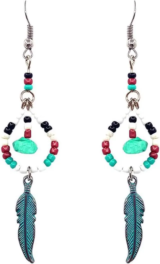 Main image of Native American Inspired Teardrop Shaped Seed  Beaded Chip Stone Metal Feather Charm Dangle Earrings - Womens Fashion Handmade Jewelry Boho Accessories