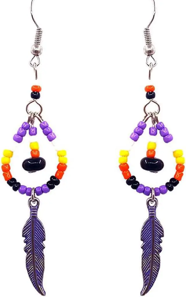 Main image of Native American Inspired Teardrop Shaped Seed  Beaded Chip Stone Metal Feather Charm Dangle Earrings - Womens Fashion Handmade Jewelry Boho Accessories