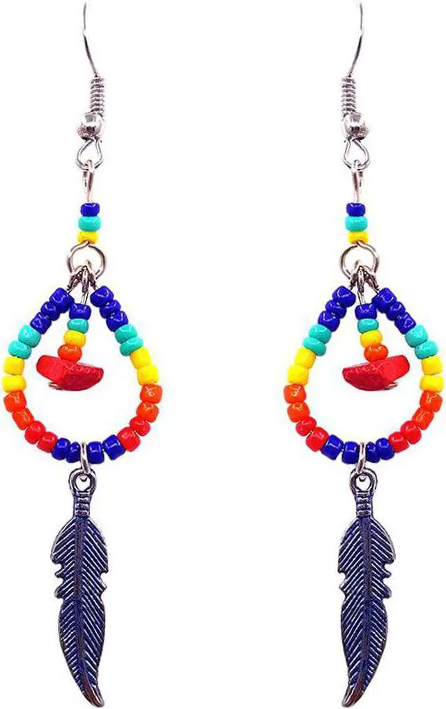Main image of Native American Inspired Teardrop Shaped Seed  Beaded Chip Stone Metal Feather Charm Dangle Earrings - Womens Fashion Handmade Jewelry Boho Accessories