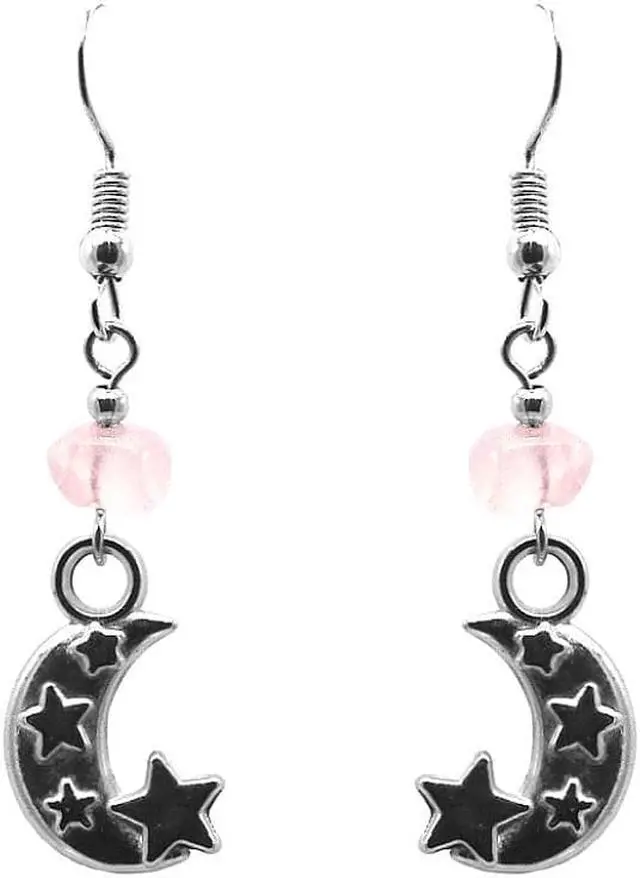 Main image of Crescent Half Moon and Stars Silver Metal Charm Chip Stone Dangle Earrings - Womens Fashion Handmade Jewelry Boho Accessories