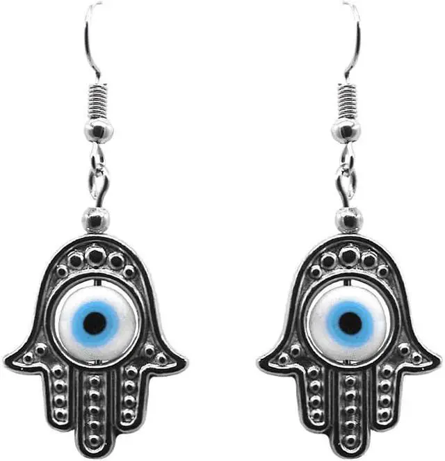 Main image of Hamsa Hand Silver Metal Charm Evil Eye Bead Dangle Earrings  - Womens Fashion Handmade Jewelry Boho Accessories