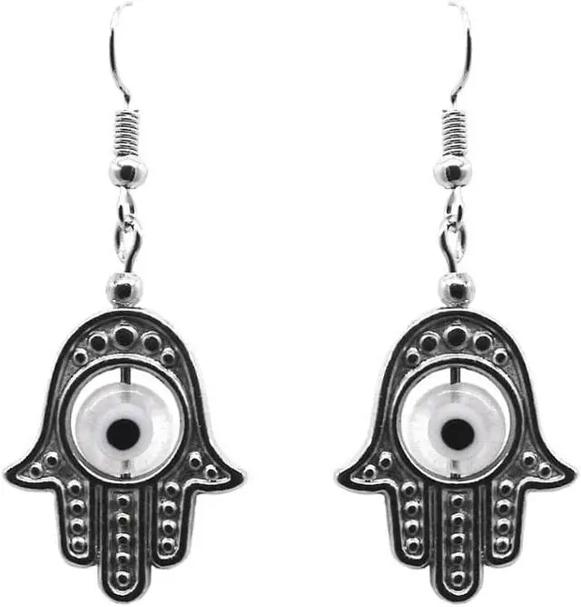 Main image of Hamsa Hand Silver Metal Charm Evil Eye Bead Dangle Earrings  - Womens Fashion Handmade Jewelry Boho Accessories