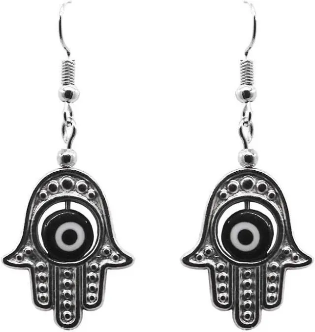 Main image of Hamsa Hand Silver Metal Charm Evil Eye Bead Dangle Earrings  - Womens Fashion Handmade Jewelry Boho Accessories