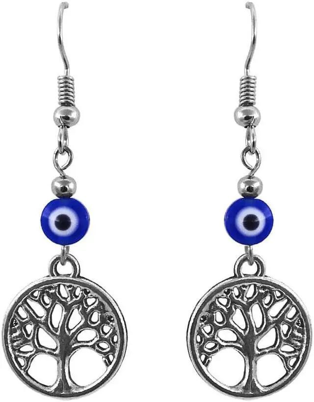 Main image of Round Silver Metal Tree of Life Charm Evil Eye Nazar Beaded Dangle Earrings - Womens Fashion Handmade Jewelry Boho Accessories