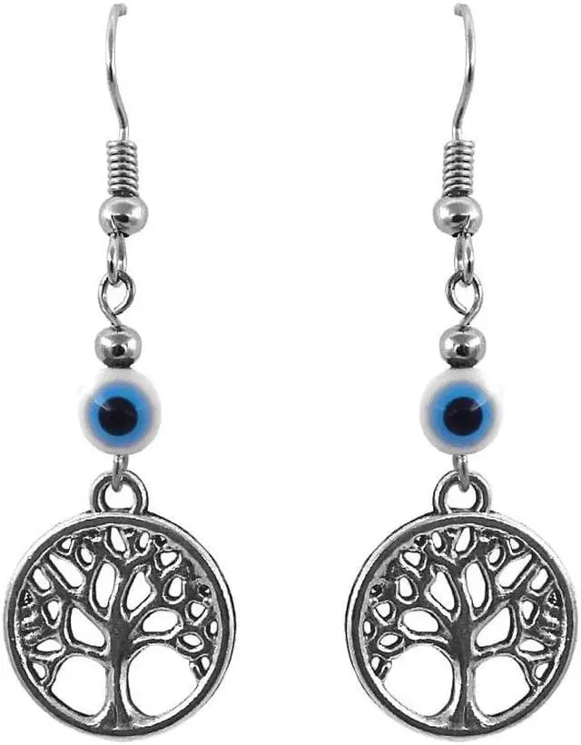 Main image of Round Silver Metal Tree of Life Charm Evil Eye Nazar Beaded Dangle Earrings - Womens Fashion Handmade Jewelry Boho Accessories