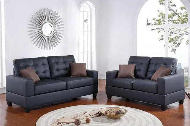 Main image of Imola 2 Piece Modern Sofa Set Upholstered in Black Faux Leather