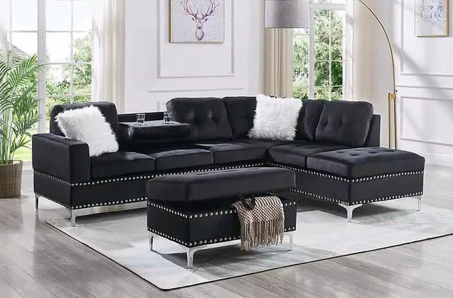 Main image of Aveiro 3 Piece Sectional with Ottoman Covers in Black Velvet