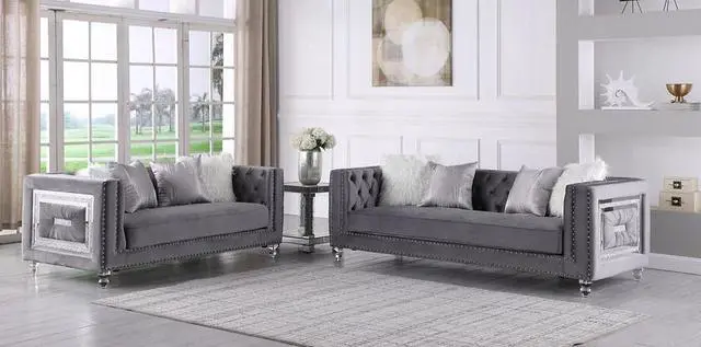 Main image of Mestre 2-Piece Grey Living Room Sofa Set Upholstered in Velvet Fabric