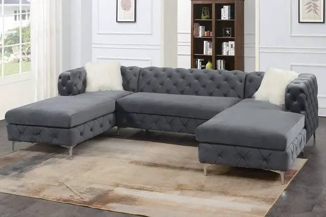 Main image of Lausanne U Shape 3-Piece Living Room Set Upholstered in Grey Velvet Fabric