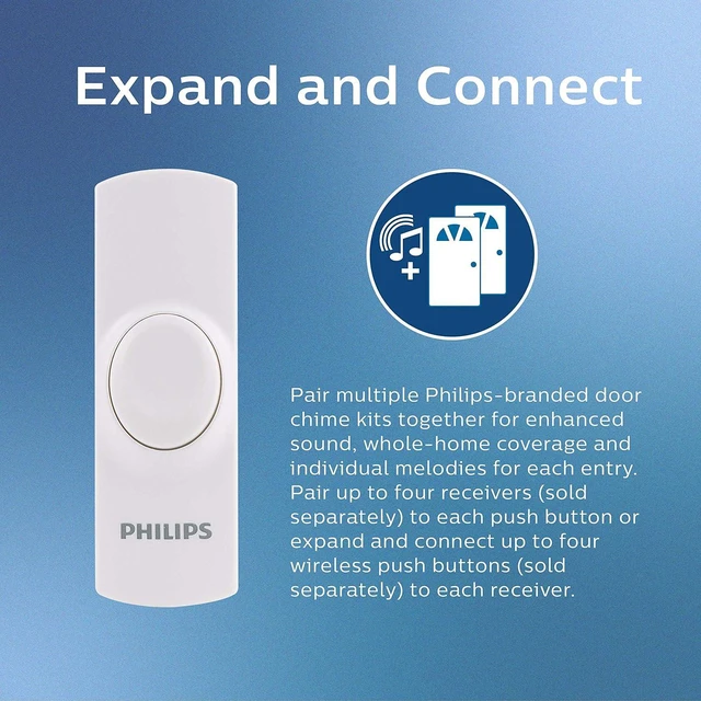 Alt view image 5 of 6 - Philips Accessories Battery-Operated Philips 2-Melody Doorbell Kit, 1 Push Button, 4 Volume Levels White, DES1120W/27