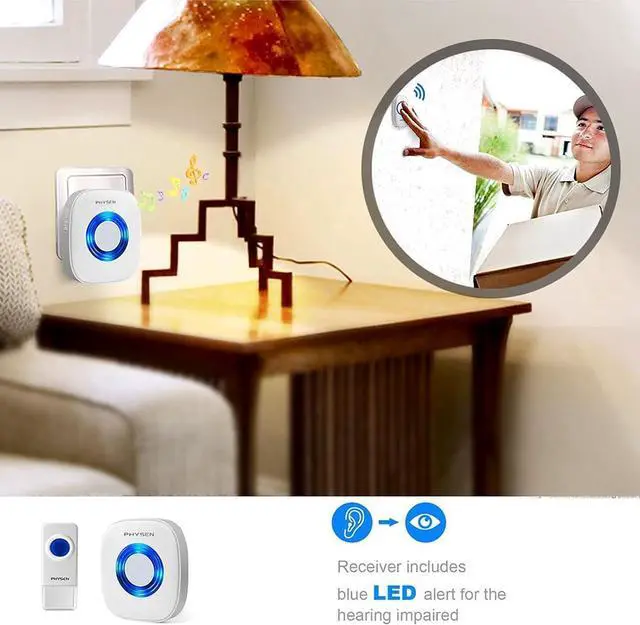 Alt view image 2 of 7 - Wireless Doorbell, PHYSEN Waterproof Door bell Chime Kit Operating at 1300-ft Range 58 Adjustable Melodies 5 Volume Levels & LED Flash, Doorbell Alarm for Home/Classroom, 2 Push Buttons+4 Receivers