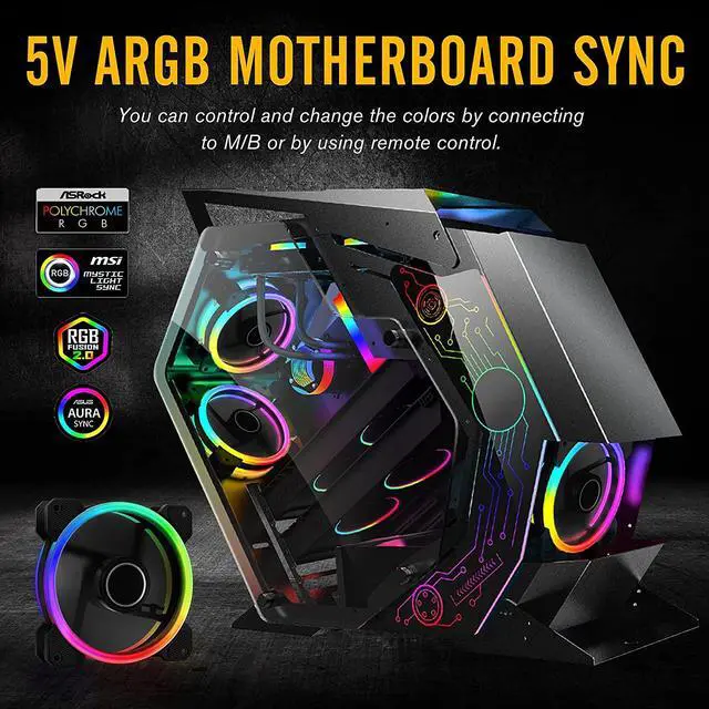 Alt view image 3 of 5 - EZDIY-FAB RGB Dual Ring 120mm Case Fans,5V Motherboard Sync,Speed Adjustable,RGB Sync Fan with 10-Port Fan Hub X and Remote-5 Pack