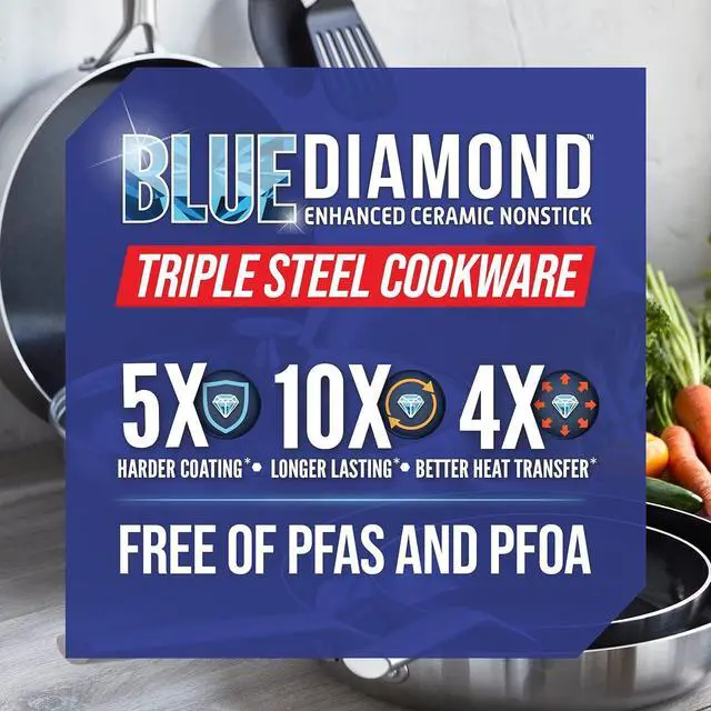 Alt view image 4 of 7 - Blue Diamond Cookware Tri-Ply Stainless Steel Ceramic Nonstick, 9.5" Frying Pan Skillet, PFAS-Free, Multi Clad, Induction, Dishwasher Safe, Oven Safe, Silver