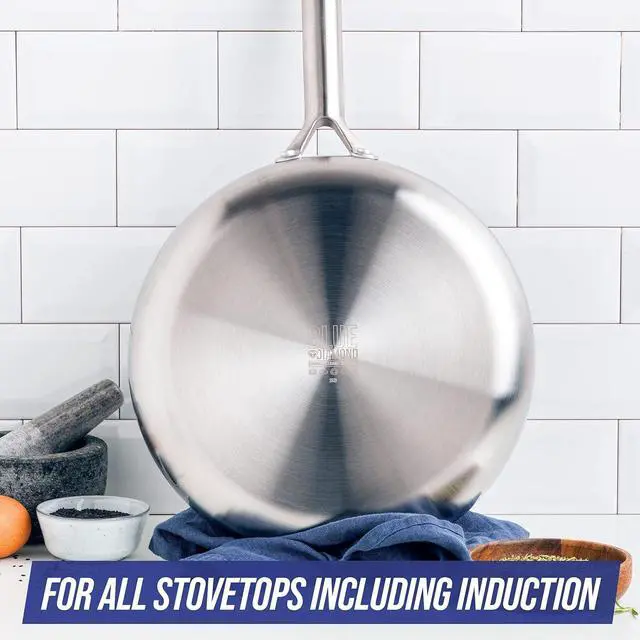 Alt view image 6 of 7 - Blue Diamond Cookware Tri-Ply Stainless Steel Ceramic Nonstick, 9.5" Frying Pan Skillet, PFAS-Free, Multi Clad, Induction, Dishwasher Safe, Oven Safe, Silver