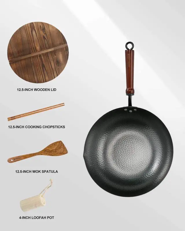 Alt view image 6 of 6 - Wok Pan 12.5", Woks and Stir Fry Pans with lid, Carbon Steel Wok with Cookware Accessories, Flat Bottom Suits for all Stoves