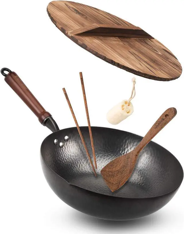 Main image of Wok Pan 12.5", Woks and Stir Fry Pans with lid, Carbon Steel Wok with Cookware Accessories, Flat Bottom Suits for all Stoves