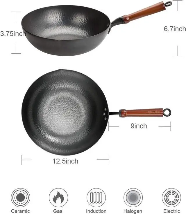 Alt view image 3 of 6 - Wok Pan 12.5", Woks and Stir Fry Pans with lid, Carbon Steel Wok with Cookware Accessories, Flat Bottom Suits for all Stoves