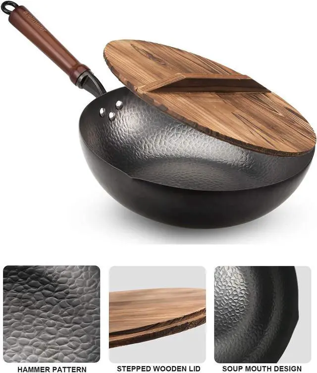 Alt view image 4 of 6 - Wok Pan 12.5", Woks and Stir Fry Pans with lid, Carbon Steel Wok with Cookware Accessories, Flat Bottom Suits for all Stoves