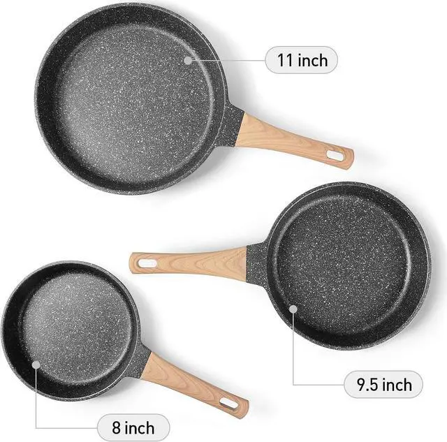 Alt view image 2 of 7 - Frying Pans Nonstick, Induction Frying Pan Set Granite Skillet Pans for Cooking Omelette Pan Cookware Set with Heat-Resistant Handle, Christmas Gift for Women (8" &9.5" &11")