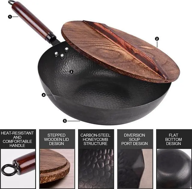 Alt view image 2 of 7 - 12.8" Carbon Steel Wok-11Pcs Woks & Stir Fry Pans Wok Pan with Lid, No Chemical Coated Chinese Wok with 10 Cookware Accessories, Flat Bottom Wok for Electric, Induction,Gas Stoves