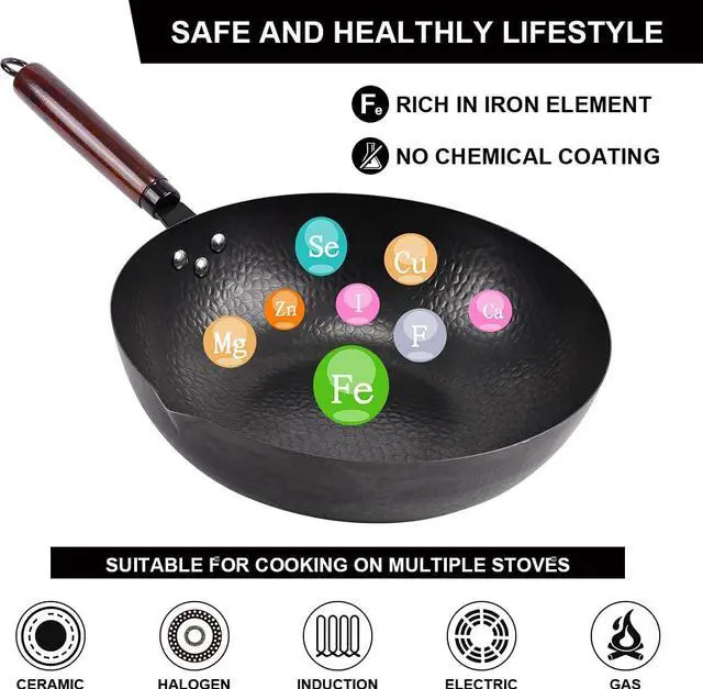 Alt view image 3 of 7 - 12.8" Carbon Steel Wok-11Pcs Woks & Stir Fry Pans Wok Pan with Lid, No Chemical Coated Chinese Wok with 10 Cookware Accessories, Flat Bottom Wok for Electric, Induction,Gas Stoves