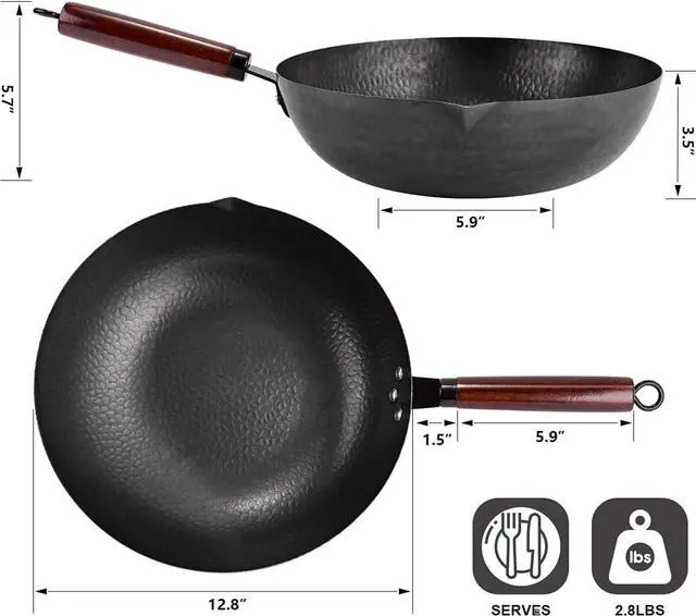 Alt view image 4 of 7 - 12.8" Carbon Steel Wok-11Pcs Woks & Stir Fry Pans Wok Pan with Lid, No Chemical Coated Chinese Wok with 10 Cookware Accessories, Flat Bottom Wok for Electric, Induction,Gas Stoves