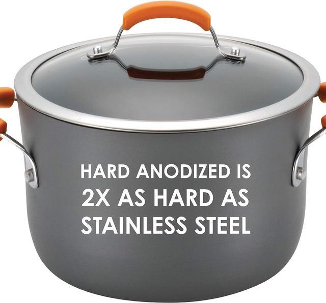 Alt view image 2 of 7 - Rachael Ray Brights Hard-Anodized Aluminum Nonstick Cookware Set with Glass Lids, 10-Piece Pot and Pan Set, Gray with Orange Handles