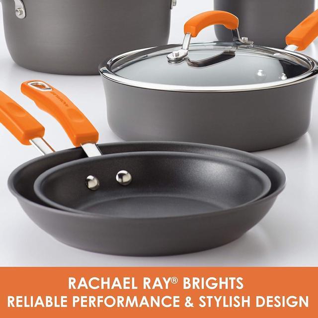 Alt view image 3 of 7 - Rachael Ray Brights Hard-Anodized Aluminum Nonstick Cookware Set with Glass Lids, 10-Piece Pot and Pan Set, Gray with Orange Handles