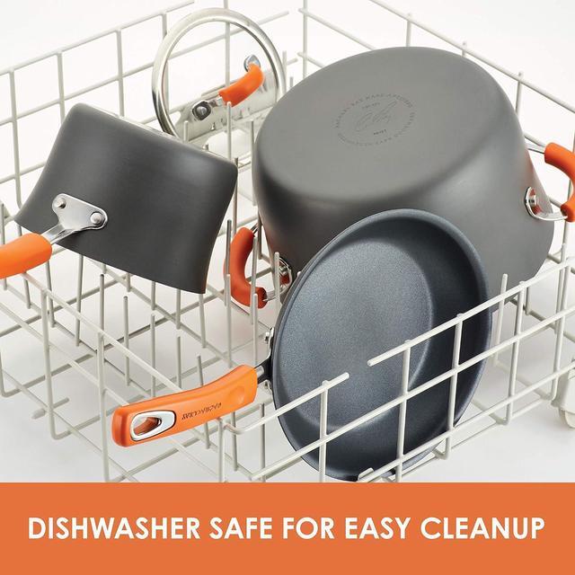 Alt view image 4 of 7 - Rachael Ray Brights Hard-Anodized Aluminum Nonstick Cookware Set with Glass Lids, 10-Piece Pot and Pan Set, Gray with Orange Handles