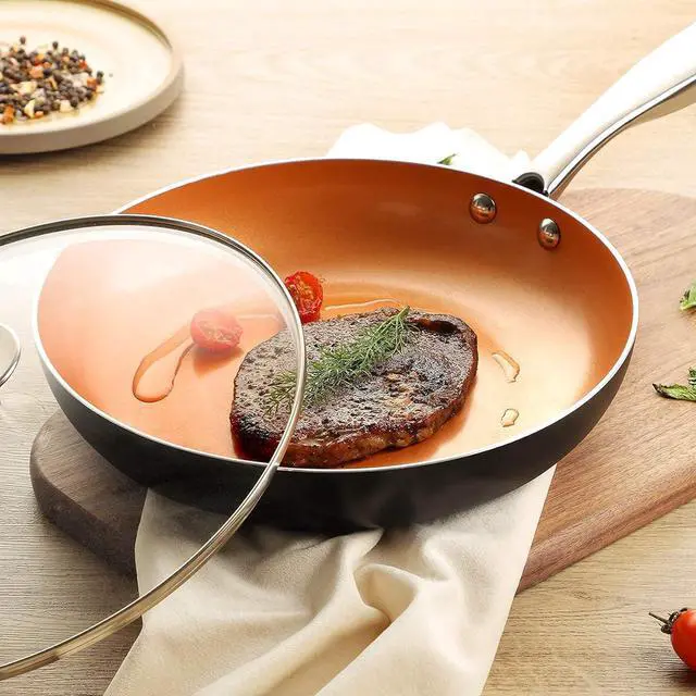 Alt view image 6 of 7 - MICHELANGELO Frying Pan with Lid, Nonstick 8 Inch Frying Pan with Ceramic Titanium Coating, Copper Frying Pan with Lid, Small Frying Pan 8 Inch, Nonstick Frying Pans