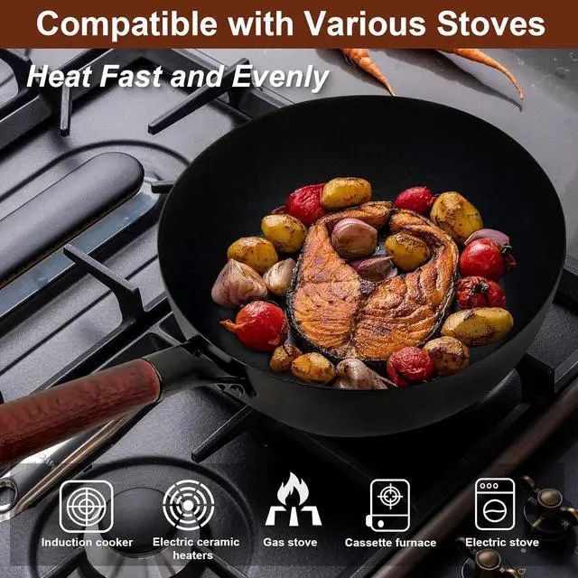 Alt view image 6 of 7 - Deep Frying Pan Nonstick Skillet 10 Inch Carbon Steel Wok Pan to Fry Eggs Steak Pancakes Pan for Induction Cooktop Gas & Electric Stove Stir-Fry Pan with Removable Handle Flat Bottom