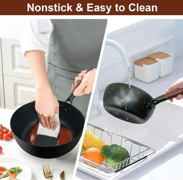 Alt view image 7 of 7 - Deep Frying Pan Nonstick Skillet 10 Inch Carbon Steel Wok Pan to Fry Eggs Steak Pancakes Pan for Induction Cooktop Gas & Electric Stove Stir-Fry Pan with Removable Handle Flat Bottom