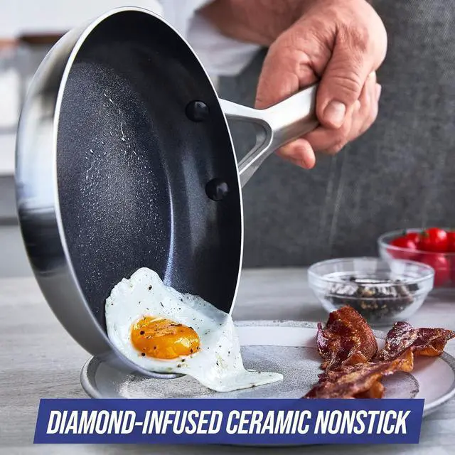 Alt view image 2 of 7 - Blue Diamond Cookware Tri-Ply Stainless Steel Ceramic Nonstick, 9.5" Frying Pan Skillet, PFAS-Free, Multi Clad, Induction, Dishwasher Safe, Oven Safe, Silver