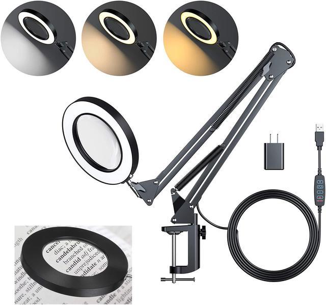 Magnifying Lamp with Stand,5X Diopter Real Glass Lens,12w Shadowless Ring,3  Color Modes ,Adjustable Swing Arm,Led Desk Light for  Reading,Sewing,Repair,Crafts,Close Works - Black 