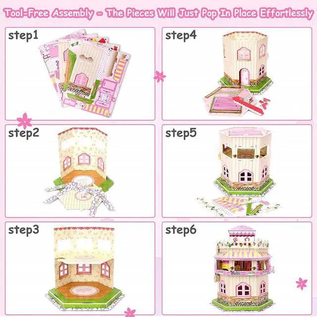 Alt view image 4 of 7 - 3D Puzzle Dollhouse for Kids, 3D Jigsaw Dollhouse Puzzle for Girls - Educational Paper Craft Toys for Game Xmas Birthday Easter Gifts, Easy to Assemble with LED Light - 101 Pieces