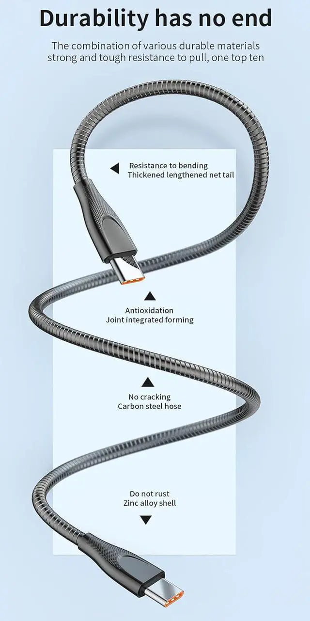 Alt view image 7 of 7 - Sourcingbay USB Type-C Charger Cable, 100W PD Fast Charging, 6ft Metal Braided, Chew-Proof, USB-C Male to Male Data Sync Cord for iPhone 15, MacBook Pro 2020, iPad Pro 2020, Galaxy S23