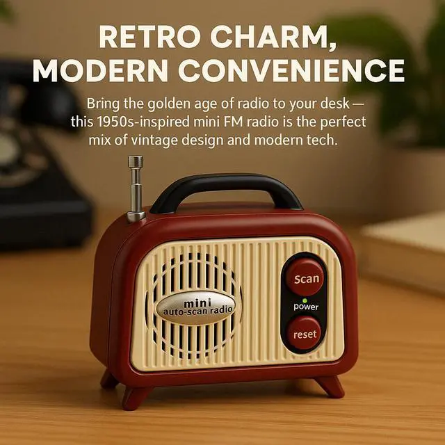 Alt view image 3 of 7 - Sourcingbay Vintage Mini FM Radio  Portable Retro-Style Radio with Auto Scan  Classic Decorative Desk Accessory  Battery Powered, Perfect for Home & Travel